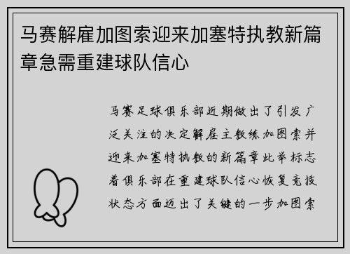 马赛解雇加图索迎来加塞特执教新篇章急需重建球队信心 马赛解雇加图索迎来加塞特执教新篇章急需重建球队信心